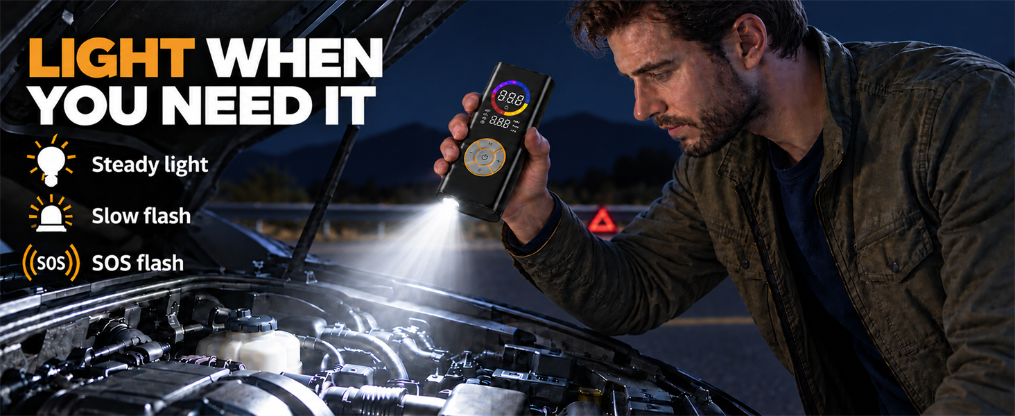 Text reads 'LIGHT WHEN YOU NEED IT' with specifications 'Neon LED', 'Slim Tube', '(Max) 365 Eask'. Male mechanic using bright LED work light under vehicle hood in dark garage.