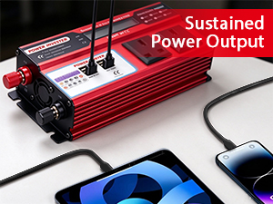 Text reads 'Robust Compact Power Inverter'. Red and black power inverter device with digital display screen and cable connections on white surface.