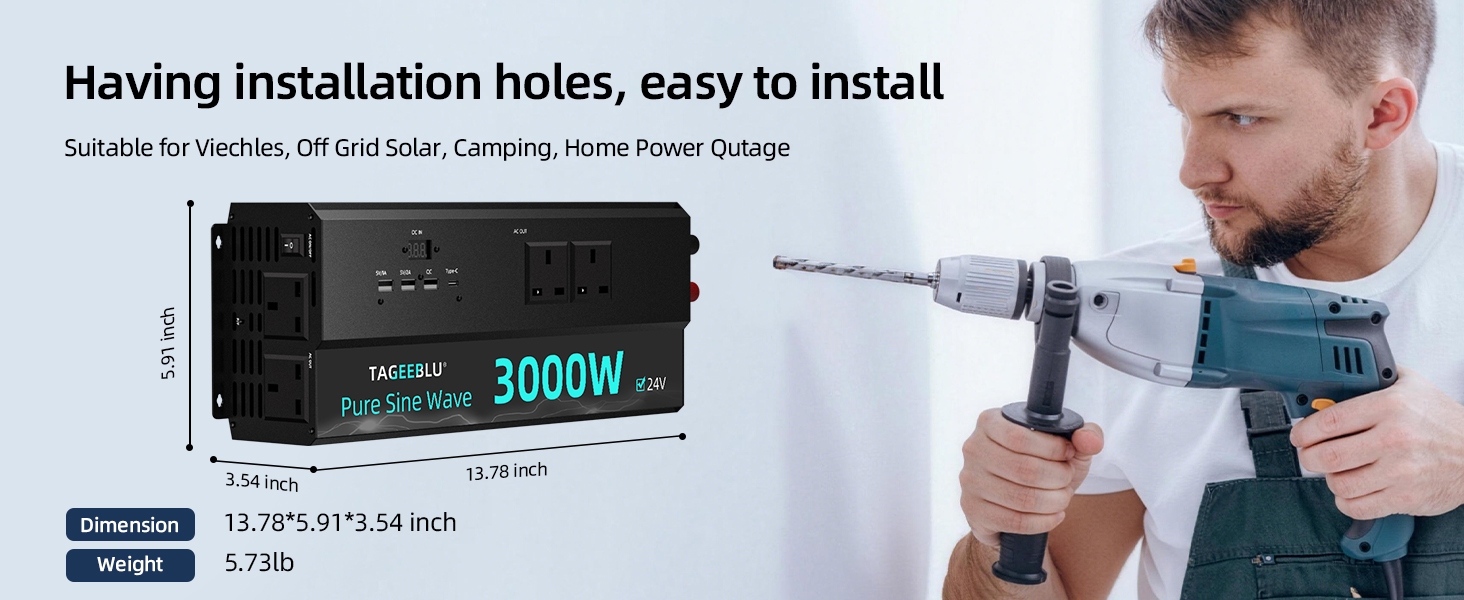 Text reads: 'Having installation holes, easy to install', 'Suitable for detaches, lift auto fueling, Carrying Home Power Outlet', 'Display 3000W'. Power drill shown with installation holes feature and digital display screen, held by person demonstrating usage, labeled 3000W capacity.