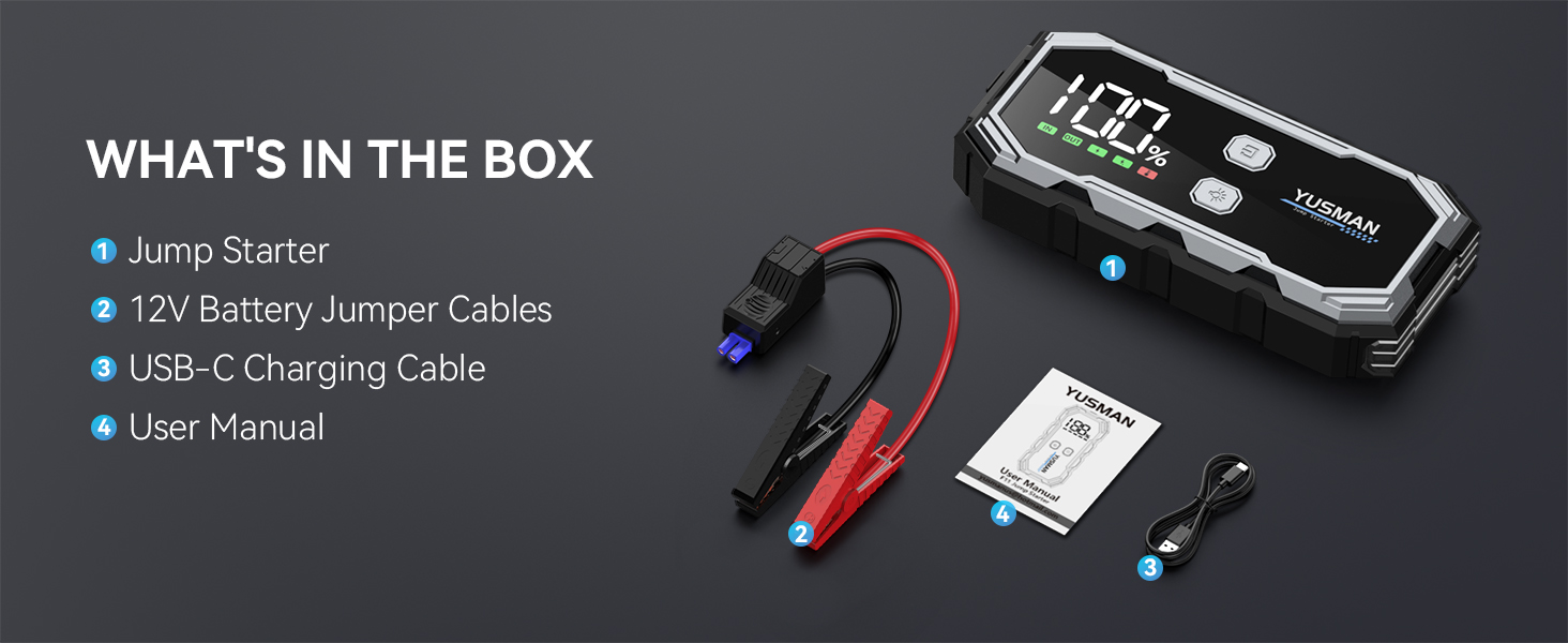 Text reads 'WHAT'S IN THE BOX' with bullet points listing 'Jumper Cable Clamp', 'USB Display Jumper Cables', 'Instruction Manual'. Image shows coiled red and blue cables with digital display device.