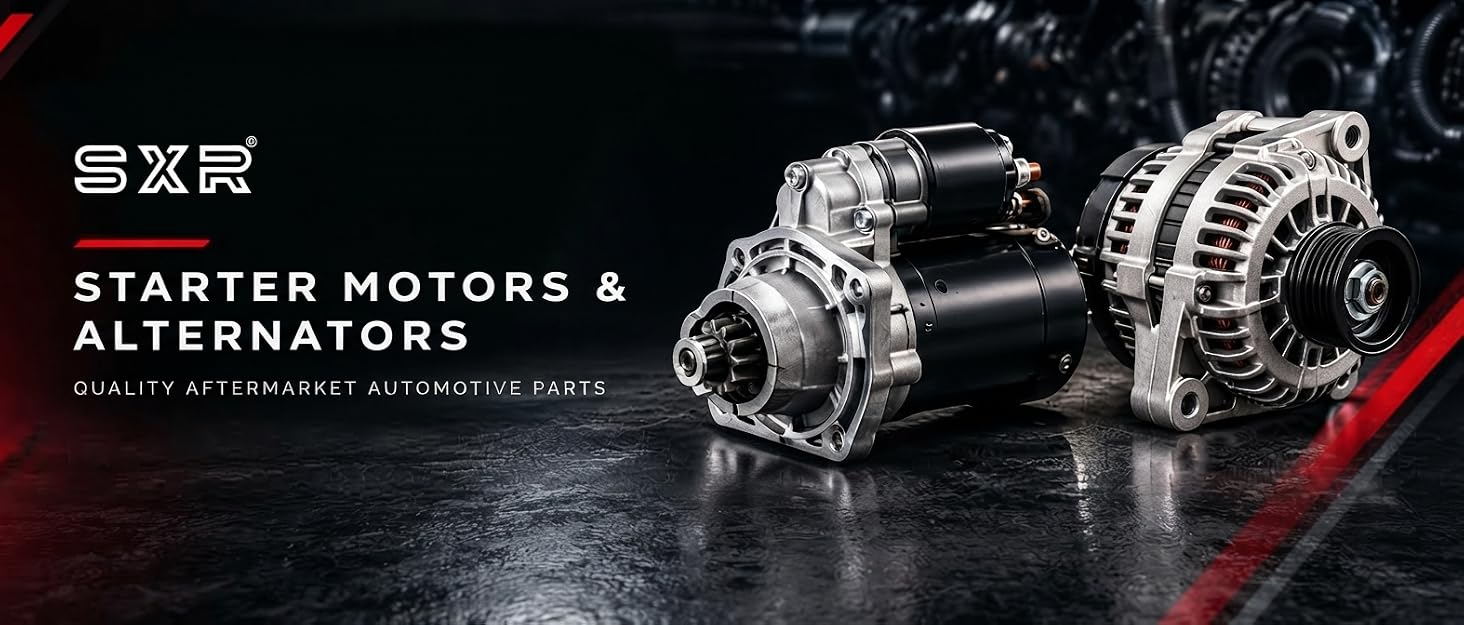 Text reads 'STARTER MOTORS & ALTERNATORS' and Chinese characters. Close-up industrial photograph of automotive starter motor and alternator engine components with metallic finish against dark background.