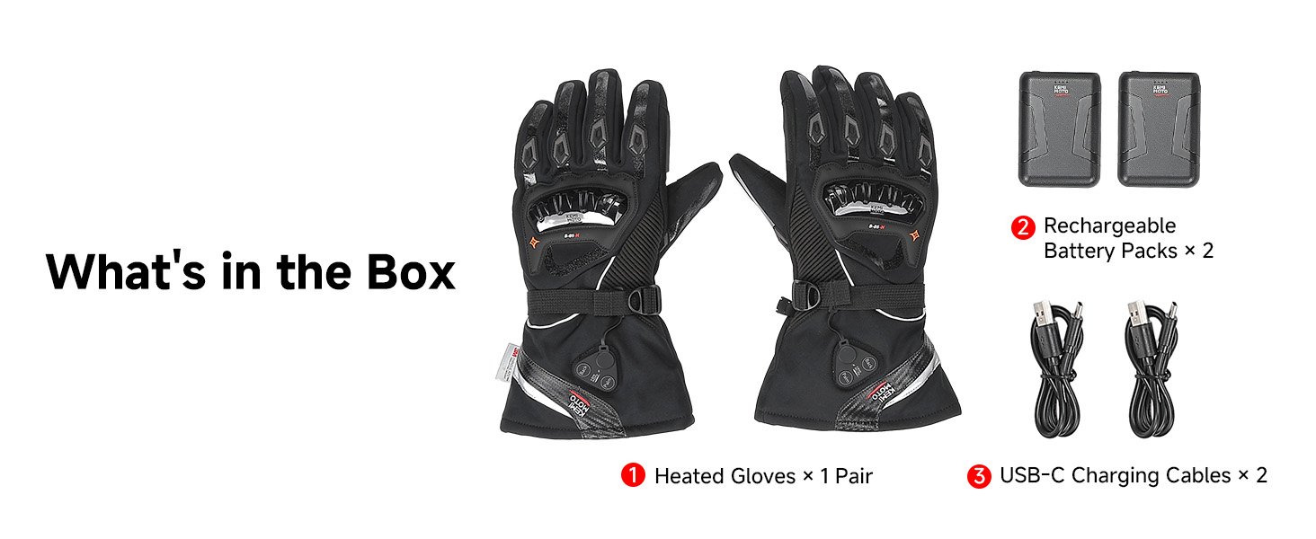 Text reads 'What's in the Box', 'Heated Gloves × 1 Pair', 'USB Charging Cables × 2'. Black heated gloves with textured grip and packaging shown with product inclusions listed.