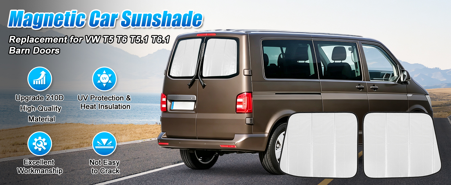 Text reads 'Magnetic Car Sunshade' with product specifications and four blue circular feature icons. Brown minivan shown with white magnetic sunshade panels installed on side windows.