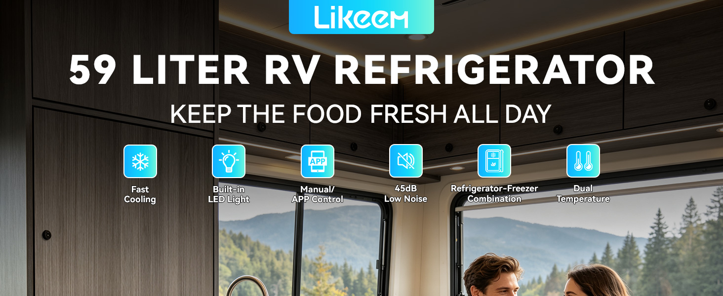 Text reads '59 LITER RV REFRIGERATOR' and 'KEEP THE FOOD FRESH ALL DAY'. Interior view of refrigerator with blue storage compartments and mountain landscape visible through window.