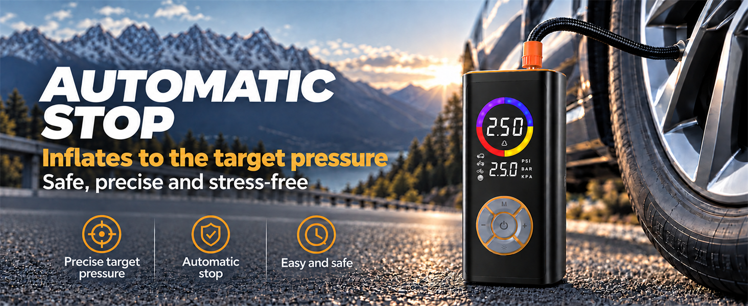 Text reads "AUTOMATIC STOP Inflates to the target pressure Safe, precise and stress-free". Digital tire pressure gauge with automatic stop feature displayed against mountain landscape and close-up of gauge on vehicle tire.
