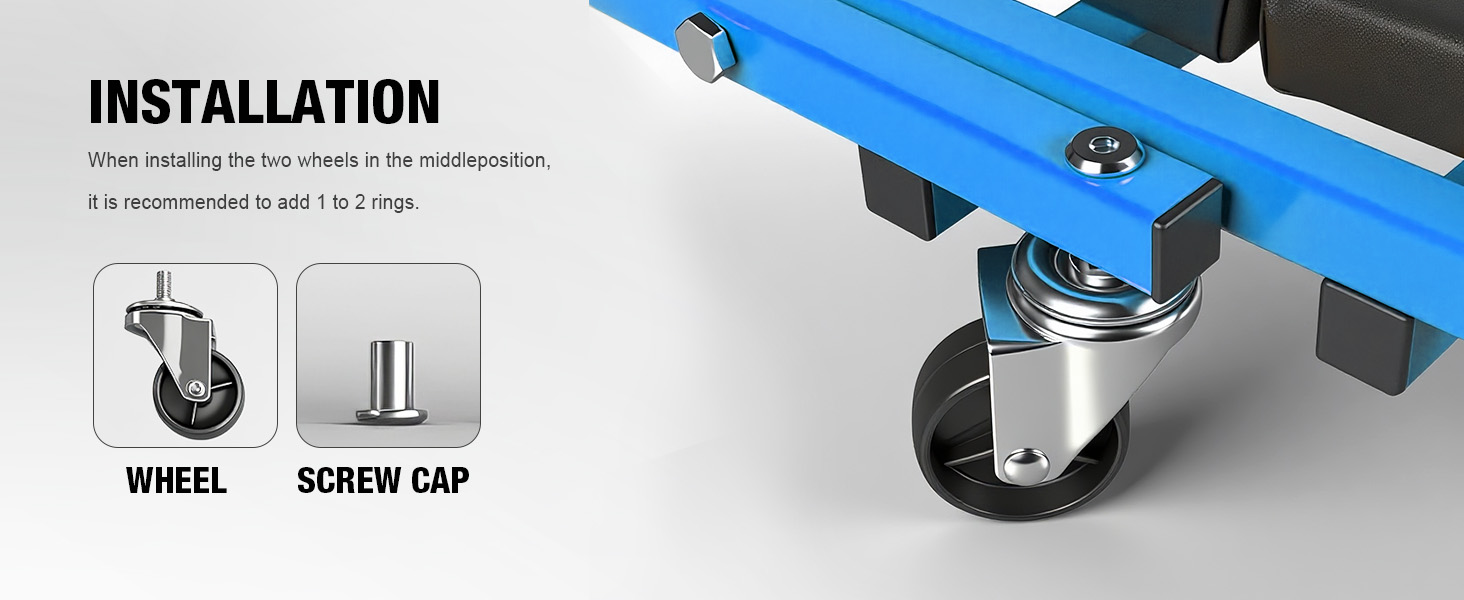 Text reads 'INSTALLATION' with labels 'WHEEL' and 'SCREW CAP'. Blue metal truck skateboard assembly shown with wheel and screw cap components. Technical installation guide with labeled parts and assembly indicators.