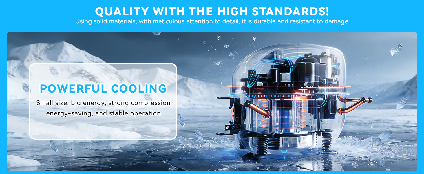 Text reads "QUALITY WITH THE HIGH STANDARD!" and "POWERFUL COOLING." Arctic/ice-themed imagery showing winter landscape and cooling product technology demonstration.
