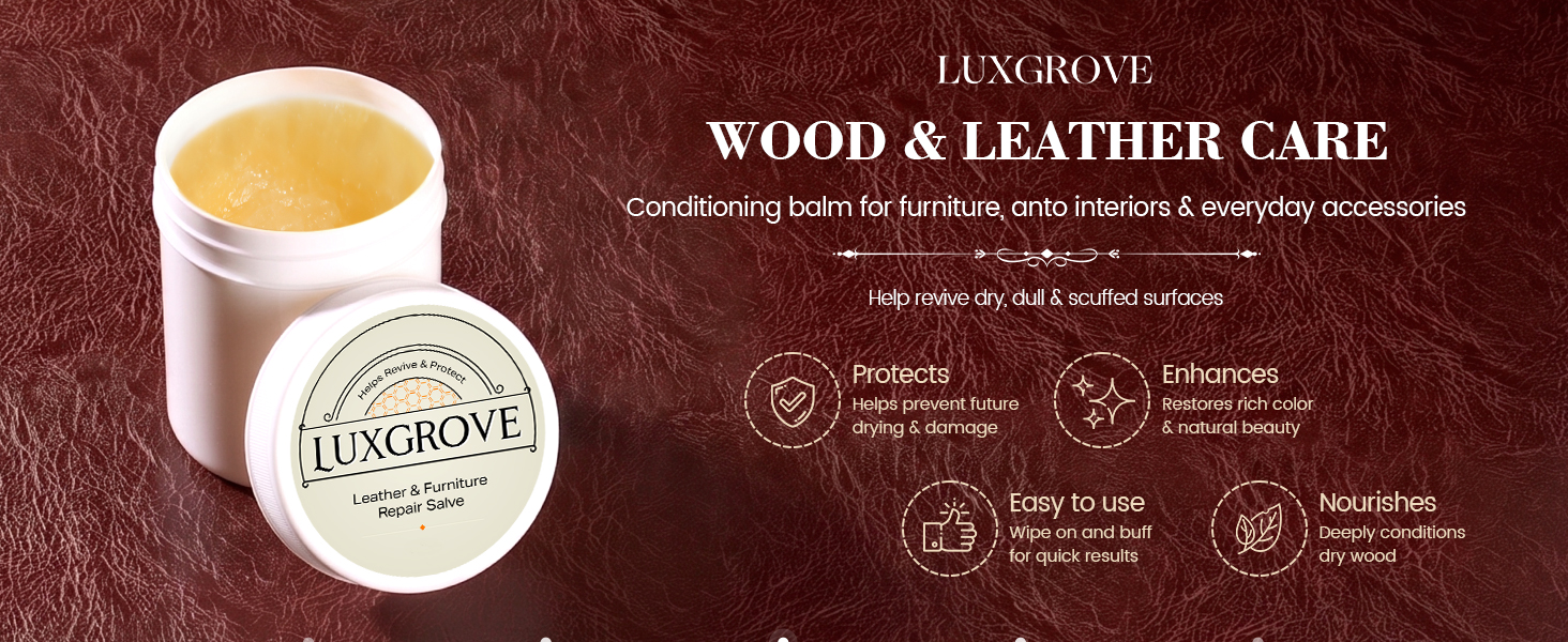 Text reads 'LUXORO WOOL & LEATHER CARE' with product benefits listed: 'Conditioning Deep Silk Coating', 'Stain & Odor Resistant', 'Water Resistant', 'UV Protected'. White ceramic jar shown on brown leather background.