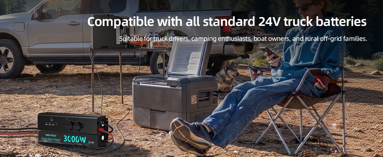 Text reads 'Compatible with all standard 24V truck batteries' with additional specification text below. Image shows portable power station with digital display next to blue camping chair on desert ground.