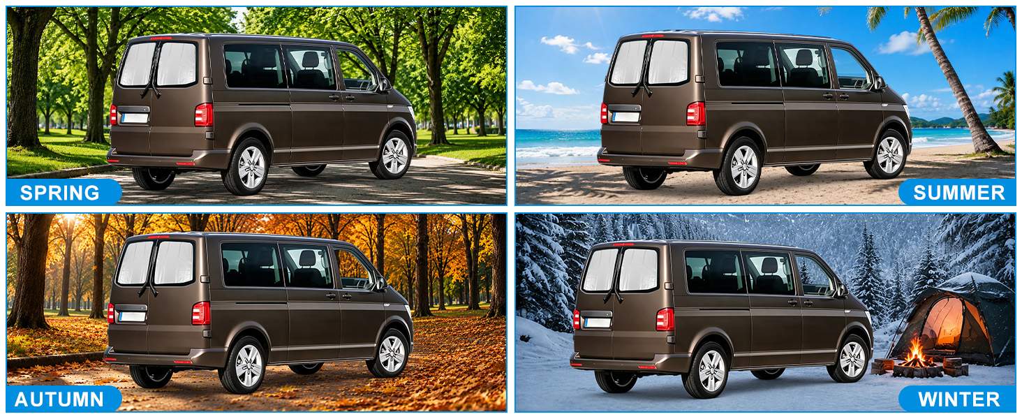 Text reads 'SPRING,' 'SUMMER,' 'AUTUMN,' and 'WINTER.' Four-panel grid showing same brown/gray van photographed in different seasonal settings: green forest, coastal beach, autumn woods, and winter camping scenes with tent.