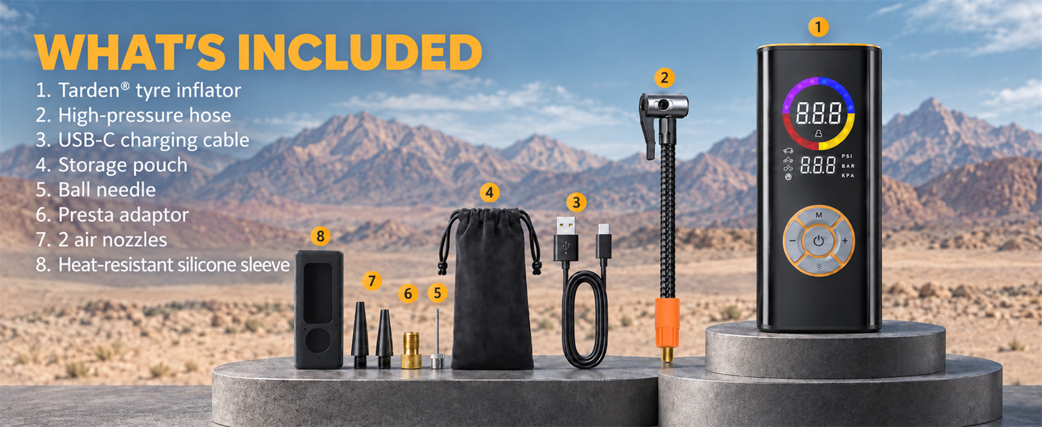 Text reads 'WHAT'S INCLUDED' with product lineup against desert landscape: 5x Starter type inflator, High-pressure hose, Pressure gauge, Carrying case, and what appears to be additional accessories and storage pouch.