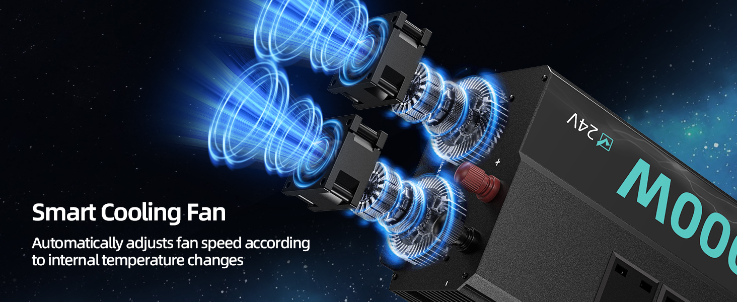 Text reads 'Smart Cooling Fan' and 'Automatically adjusts fan speed according to internal air temperature changes'. Image shows illuminated blue cooling fan components with motor assembly and black casing labeled 'MOD'.