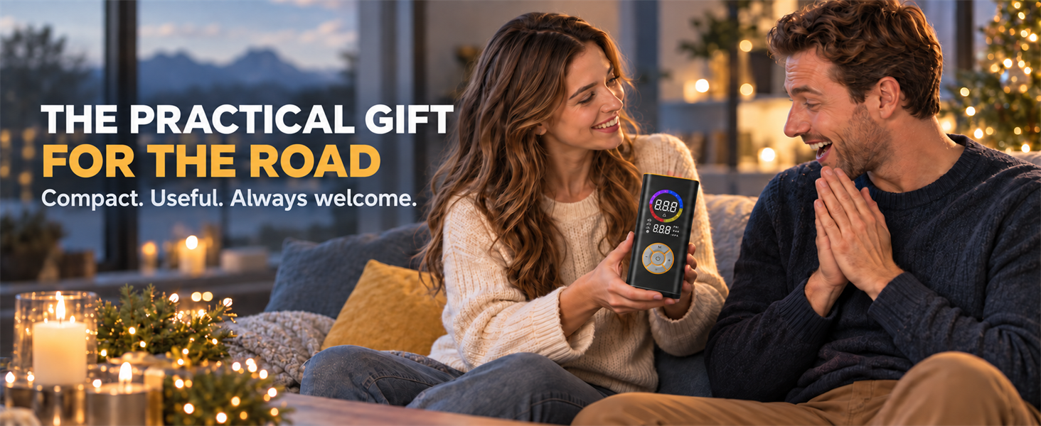 Text reads 'THE PRACTICAL GIFT FOR THE ROAD' and 'Compact. Stylish. Always Inspiring.' Couple with beverages in warm outdoor evening lighting.