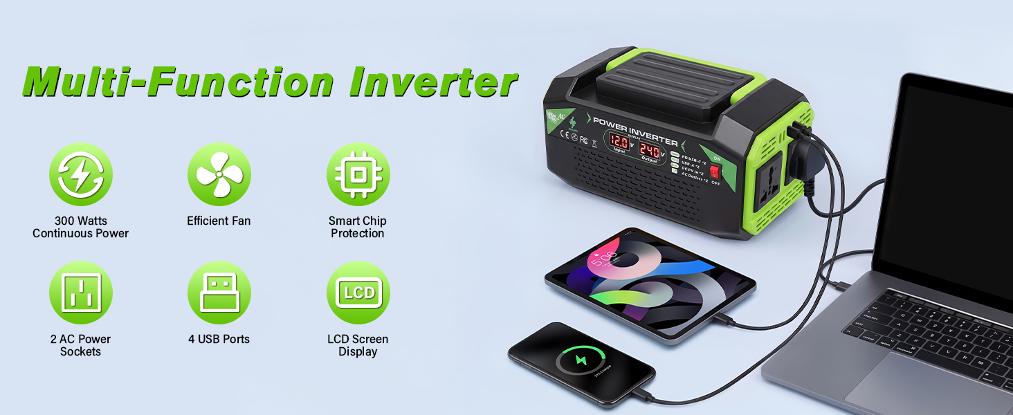 Text reads 'Comprehensive Safety Protection'. Green portable generator or power station with shield icon and eight safety feature icons displayed around it.