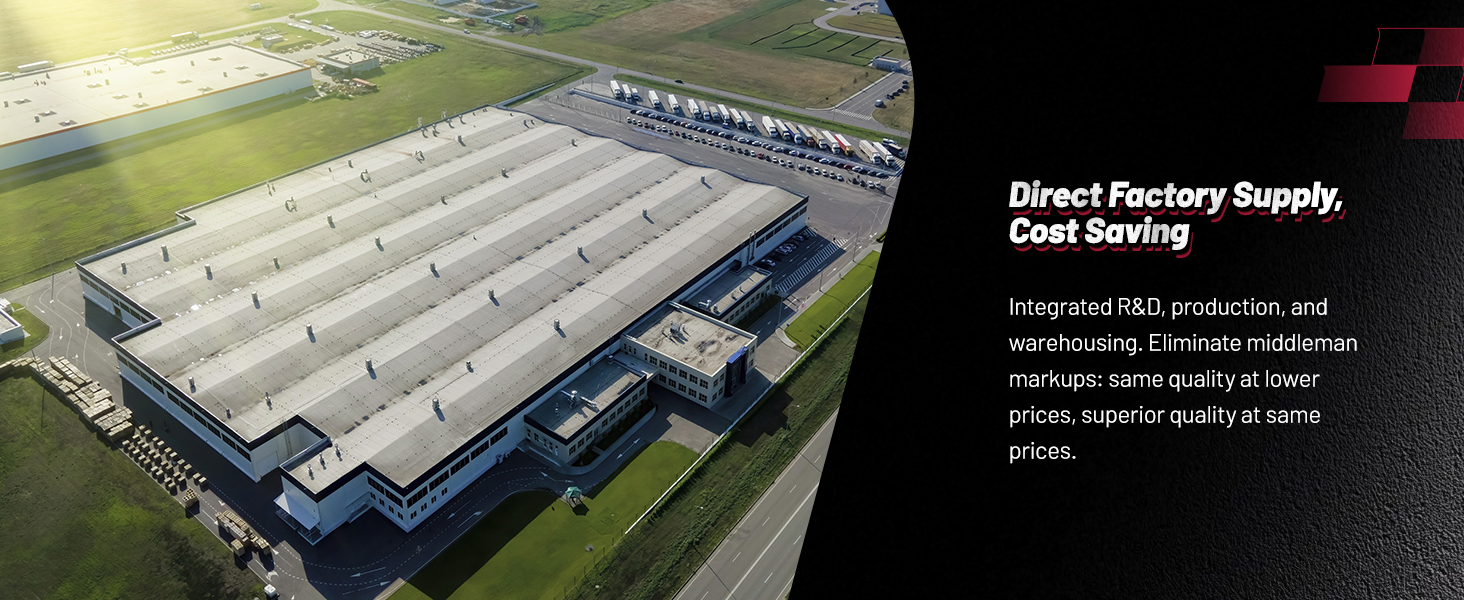 Text reads 'Direct Factory Supply, Cost Saving'. Aerial view of large industrial warehouse or factory building with white roof.
