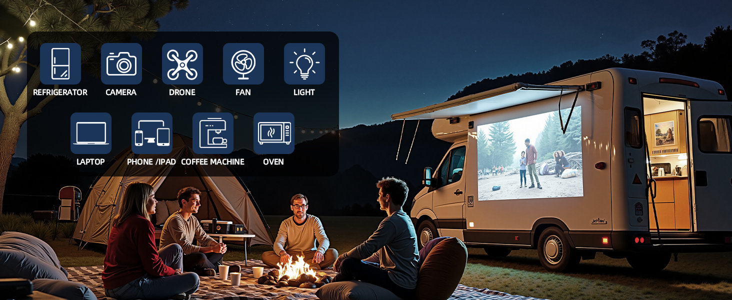 Outdoor scene showing people gathered around campfire near a mobile unit/trailer with illuminated interior display screen at dusk.
