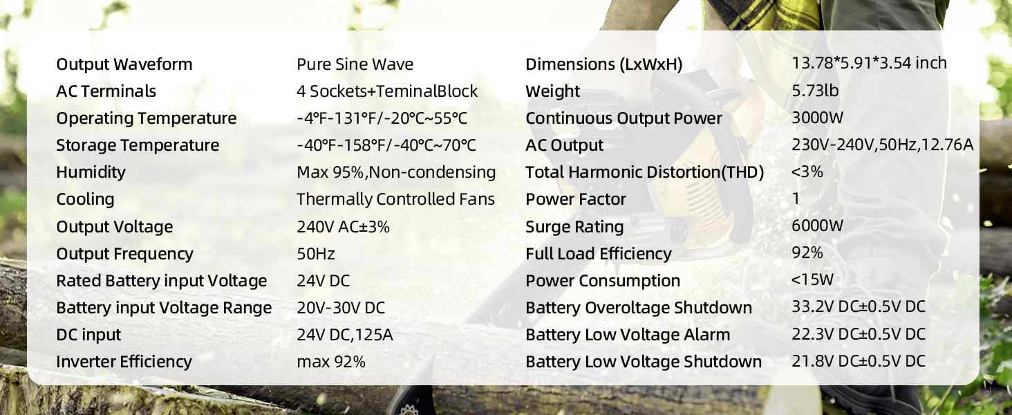 Product specifications table with multiple text entries and green striped background, displaying detailed technical information in columns.