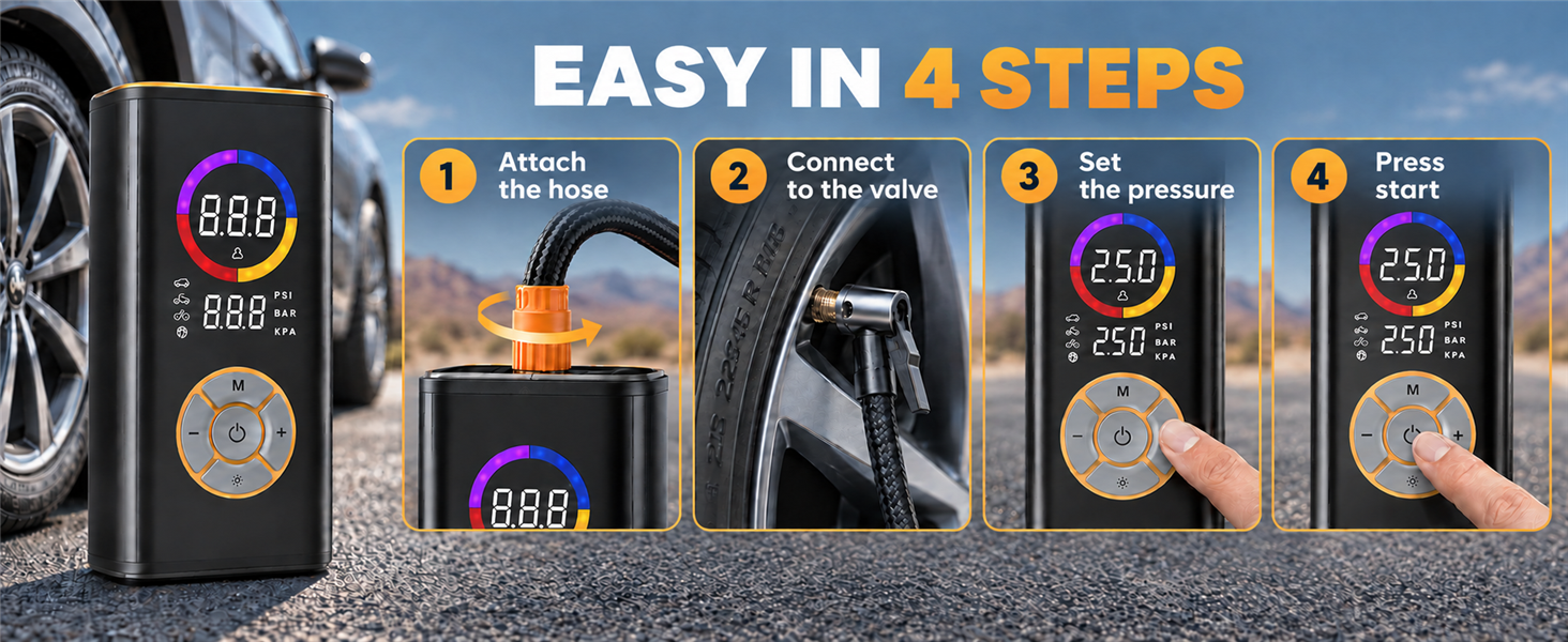 Text reads 'EASY IN 4 STEPS' with numbered instructions (1-4) showing product packaging and components in instructional layout format.