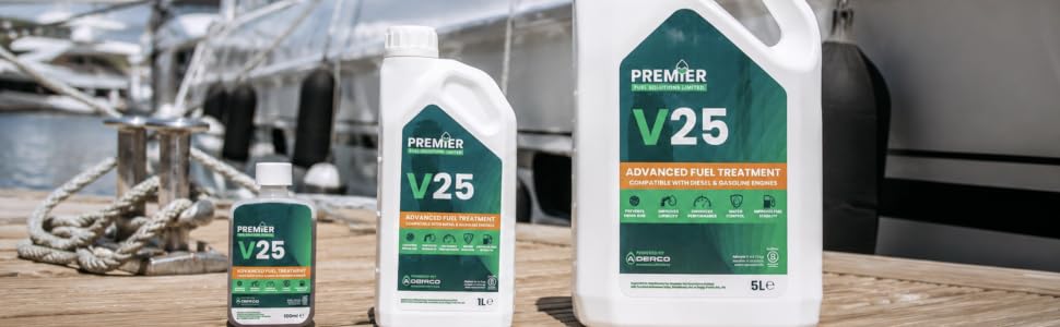 Text reads 'v25' on product labels. Three outdoor cleaning products including spray bottles and large jug displayed on wooden surface with industrial building background.