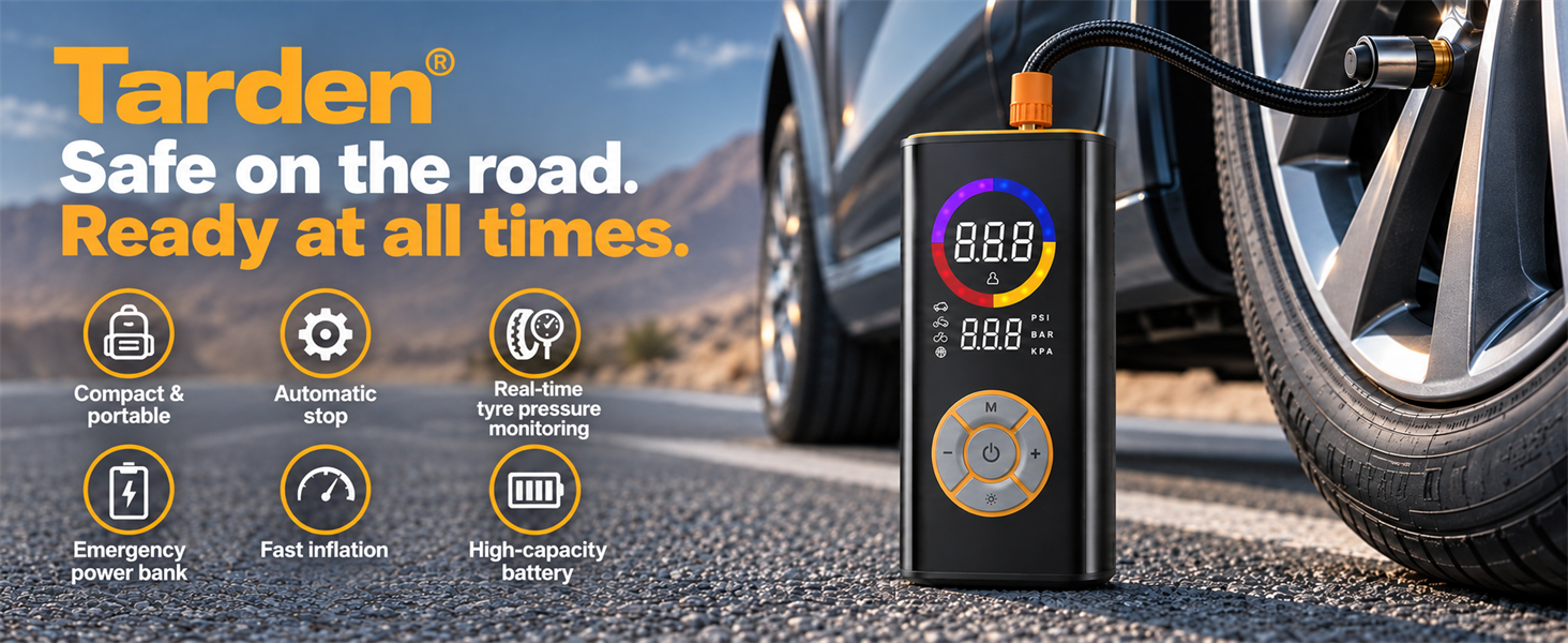 Text reads 'Tarden Safe on the road. Ready at all times' with safety icons. Vehicle emergency kit product with orange and black branding and roadside assistance imagery.