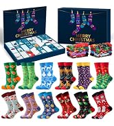 Text reads 'Happy Christmas'. Flat-lay display of Christmas-themed novelty socks collection in holiday patterns including red, green, blue, multicolor designs with festive motifs, organized in rows.