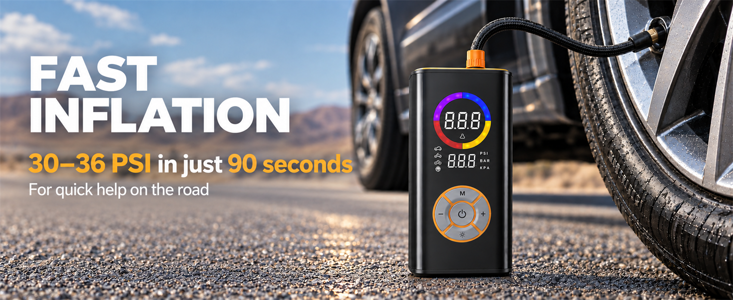 Text reads "FAST INFLATION 10-35 PSI in just 60 seconds". Portable tire inflation pump device shown in use, positioned against vehicle wheel.
