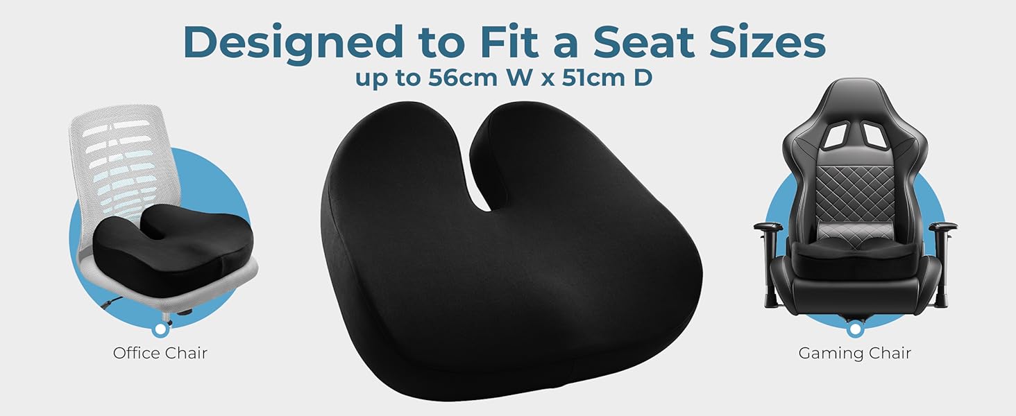 Text reads 'Designed to Fit a Seat Sizes' and 'Up to 56cm W x 50cm D' and 'Stretch One'. Black car seat covers displayed on white background with sizing specifications.